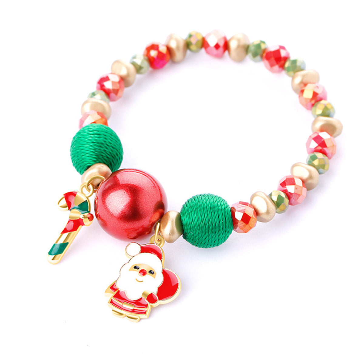 Red Enamel and 18K Gold-Plated Santa Claus Beaded Stretch Charm Bracelet, gold bracelet for women, front view