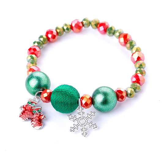 Red Acrylic and Silver-Plated Beaded Mittens Snowflake Stretch Bracelet, silver bracelet for women, front view