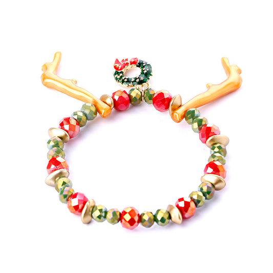 Green Enamel and 18K Gold-Plated Reindeer Antlers Beaded Stretch Bracelet, gold bracelet for women, front view