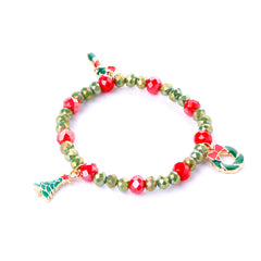 Green Enamel & Silver-Plated Beaded Christmas Tree & Bow Stretch Bracelet