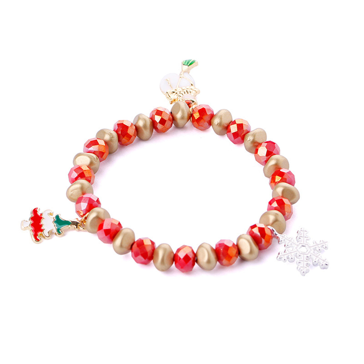 Red and Snowflake Christmas Tree Beaded Stretch Bracelet, bracelet for women, dainty minimalist design, front view