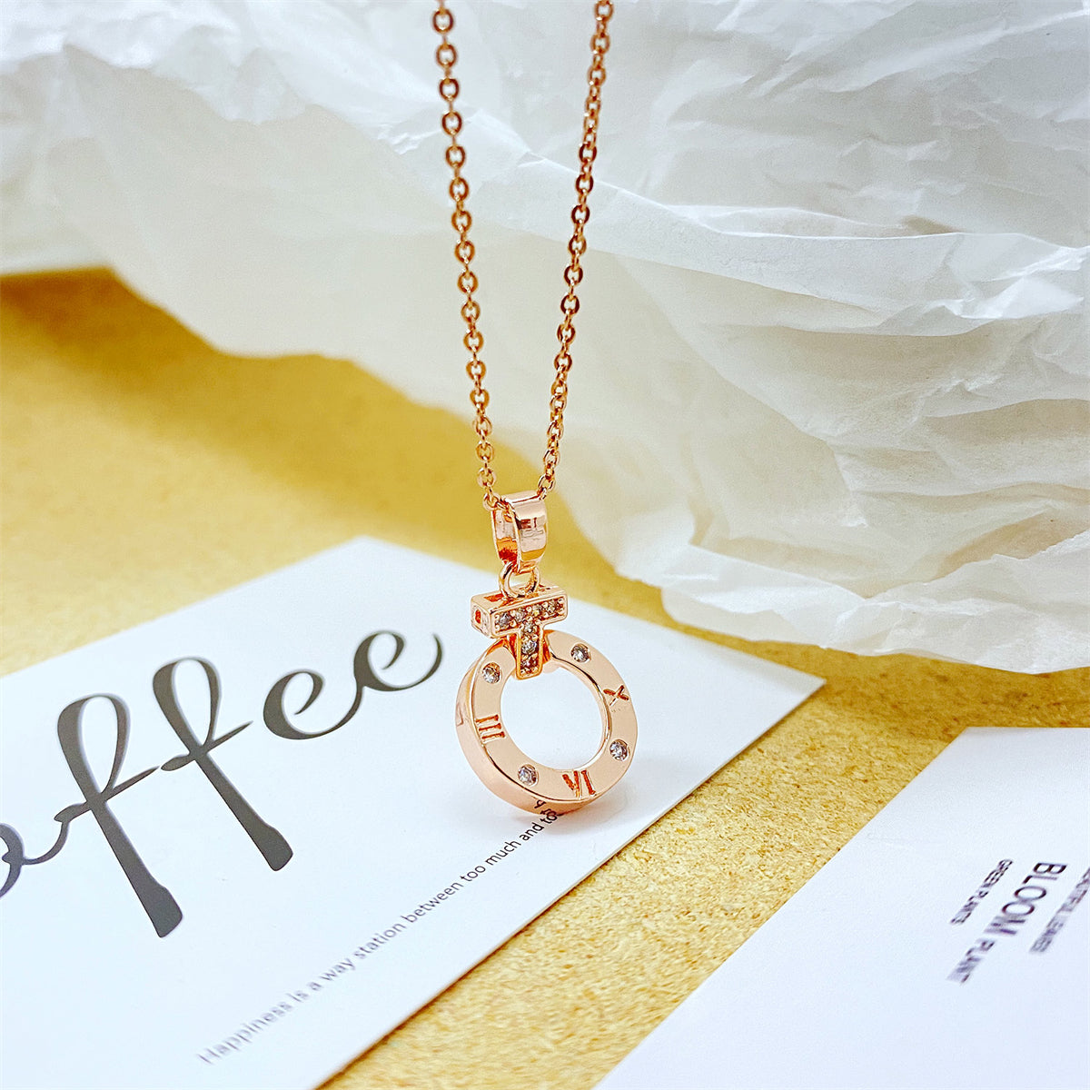 Cubic Zirconia & 18K Rose Gold-Plated Roman Numeral Round Pendant Necklace