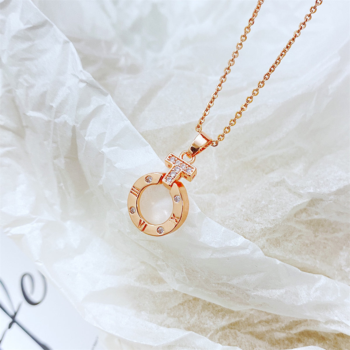 Cubic Zirconia & 18K Rose Gold-Plated Roman Numeral Round Pendant Necklace