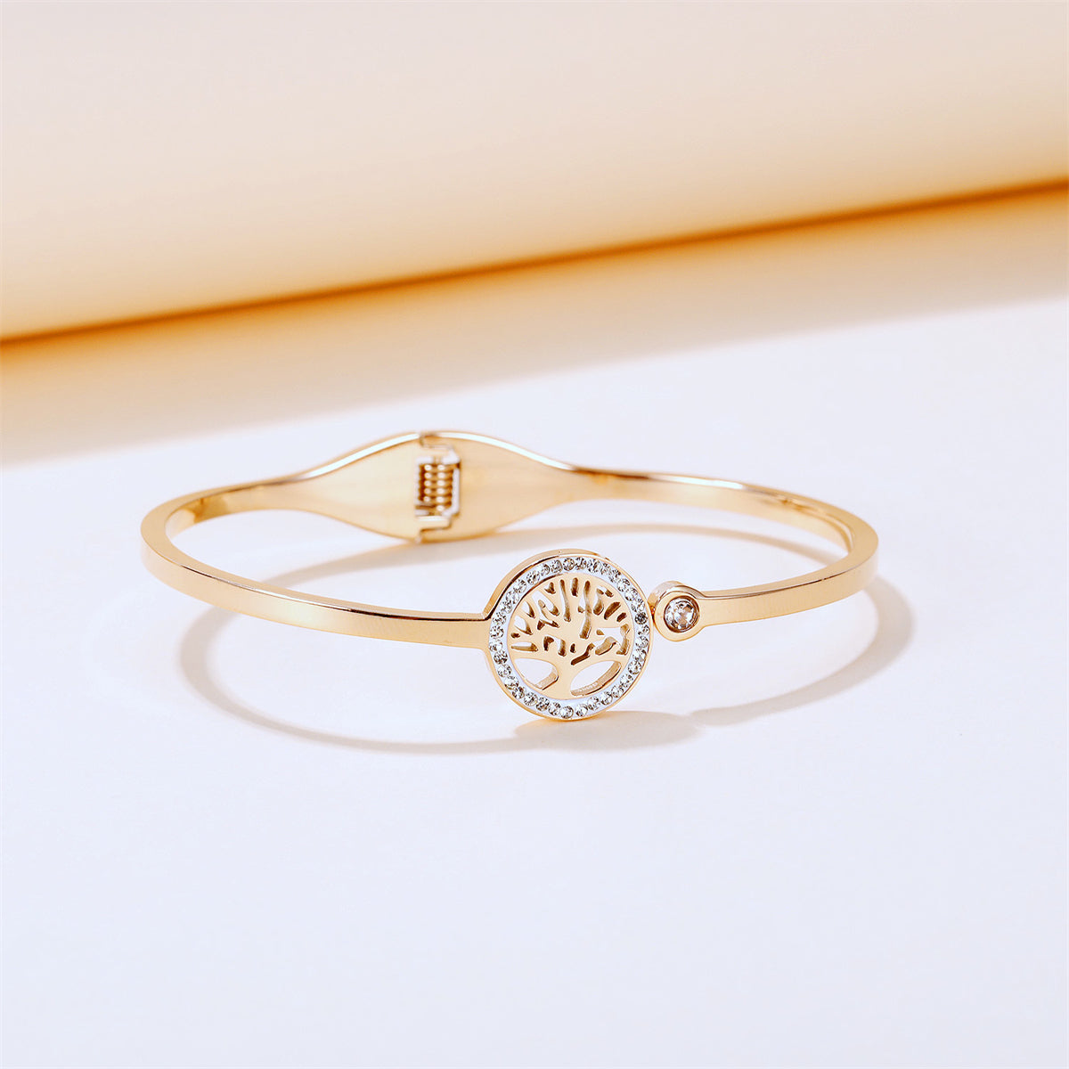 Clear Cubic Zirconia & 18K Rose Gold-Plated Halo Tree Of Life Hinged Bangle