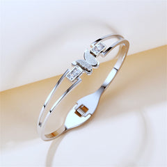 Cubic Zirconia & Silver-Plated Frosted Butterfly Layered Band Bangle