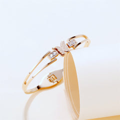Cubic Zirconia & 18K Rose Gold-Plated Frosted Butterfly Layered Band Bangle