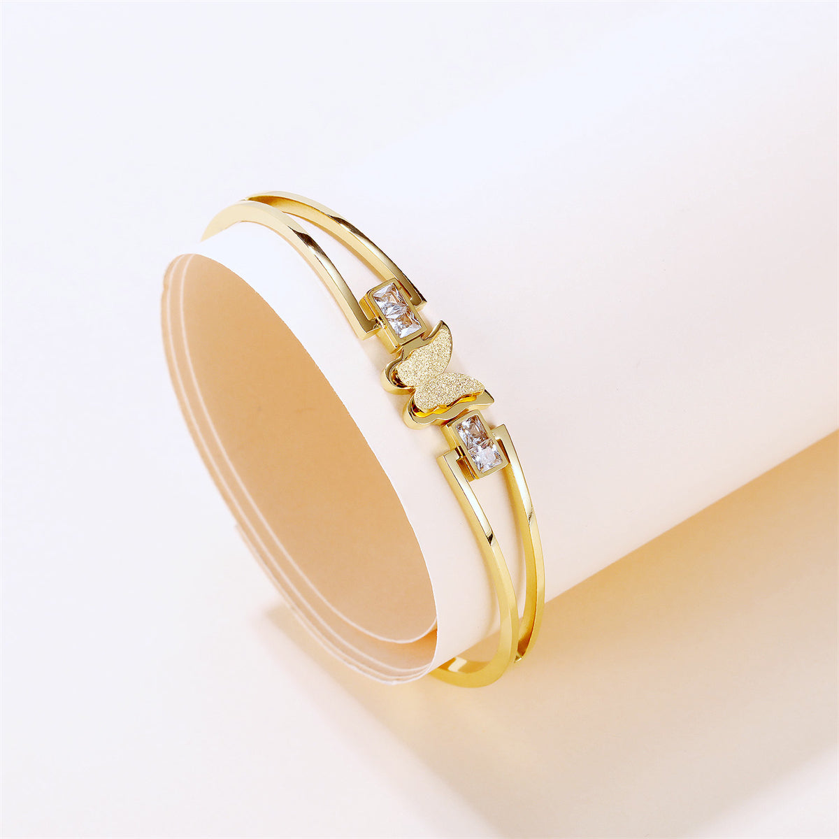 Cubic Zirconia & 18K Gold-Plated Frosted Butterfly Layered Band Bangle