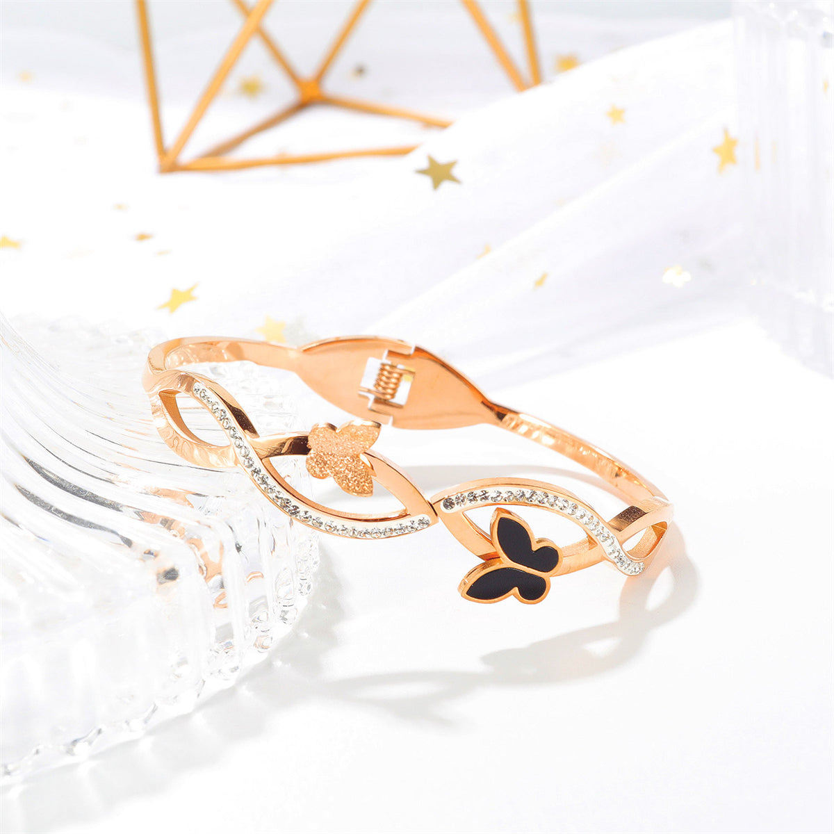 Cubic Zirconia and Black Acrylic 18K Rose Gold-Plated Frosted Butterfly Wave Bangle, rose gold bangle..., detail close-up