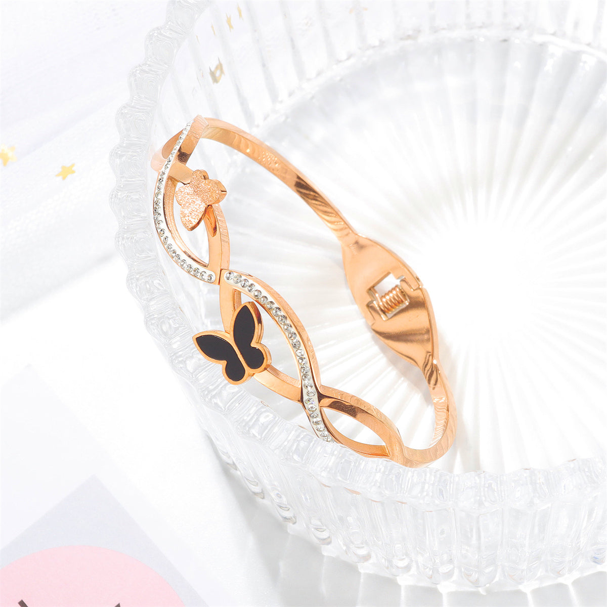 Cubic Zirconia and Black Acrylic 18K Rose Gold-Plated Frosted Butterfly Wave Bangle, rose gold bangle..., lifestyle look