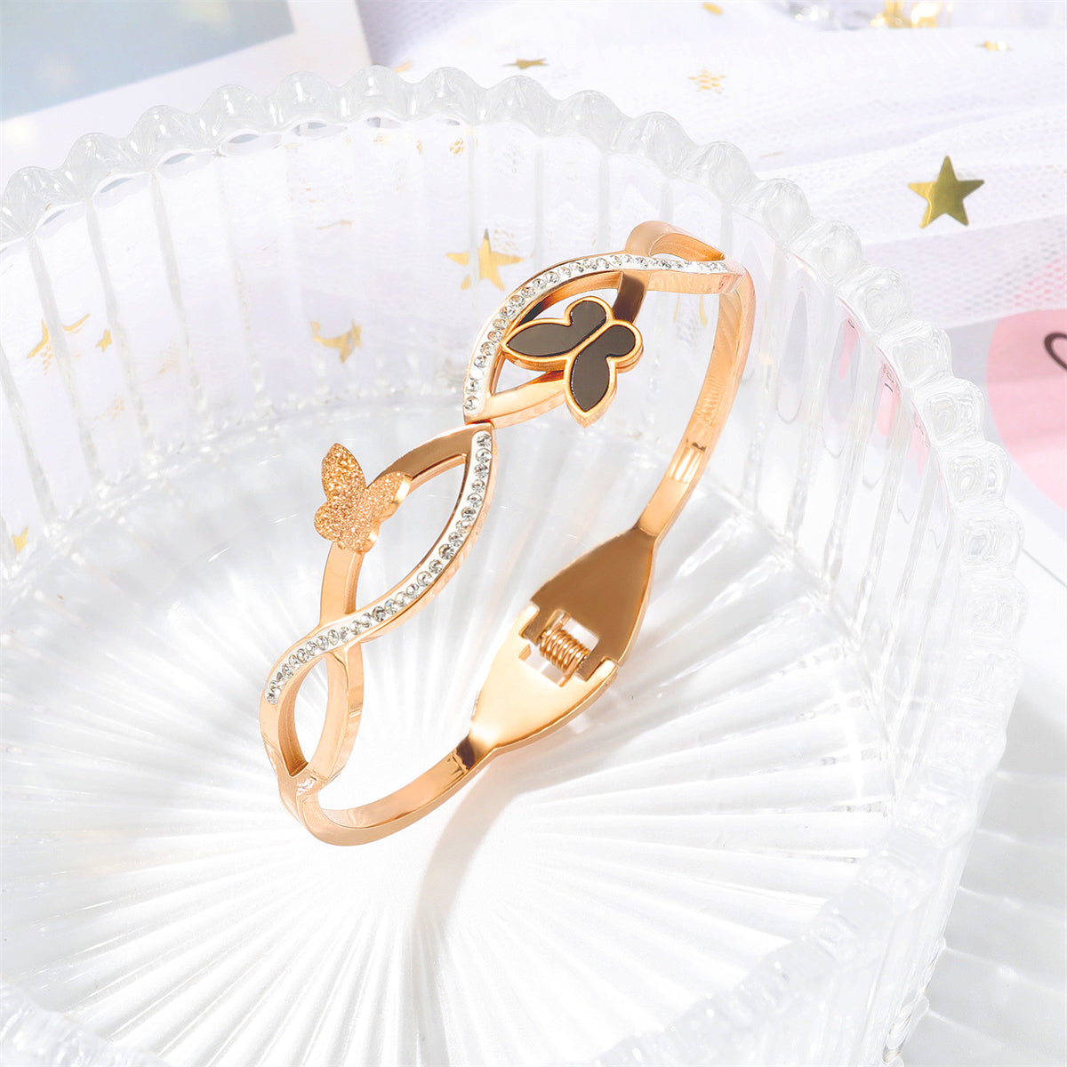 Cubic Zirconia and Black Acrylic 18K Rose Gold-Plated Frosted Butterfly Wave Bangle, rose gold bangle bracelet, side view