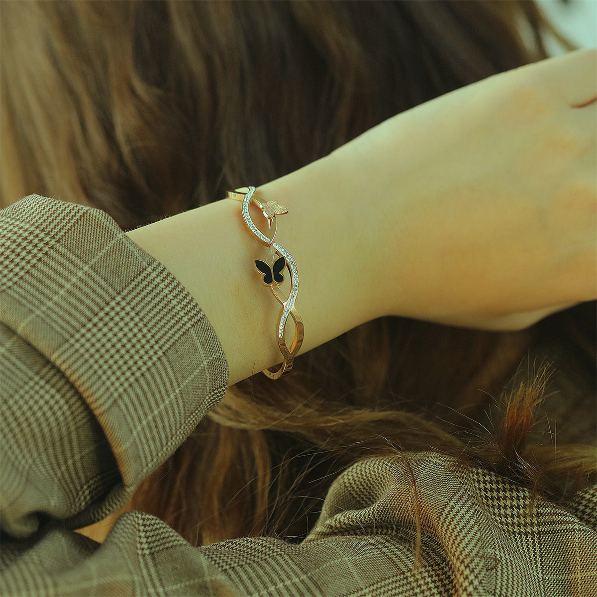 Cubic Zirconia and Black Acrylic 18K Rose Gold-Plated Frosted Butterfly Wave Bangle, rose gold bangle bracelet, styled look