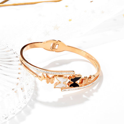 Clear Cubic Zirconia and White Shell Enamel Frosted Butterfly Bypass Bangle, bangle bracelet, botanical inspired, styled look