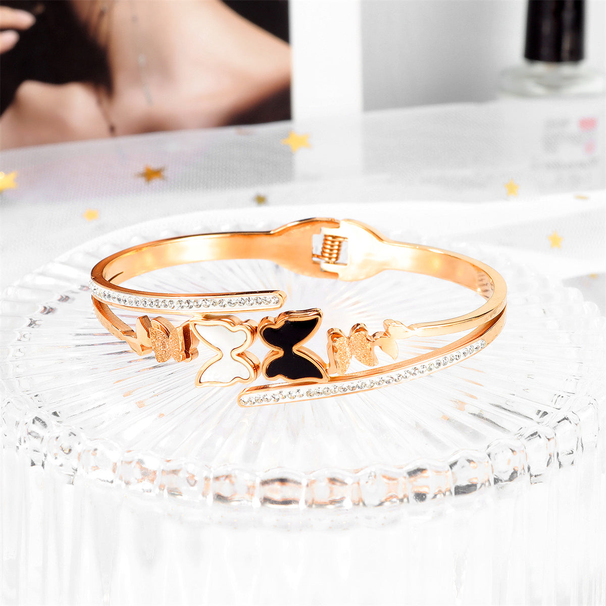Clear Cubic Zirconia and White Shell Enamel Frosted Butterfly Bypass Bangle, bangle bracelet, botanical inspired, side view