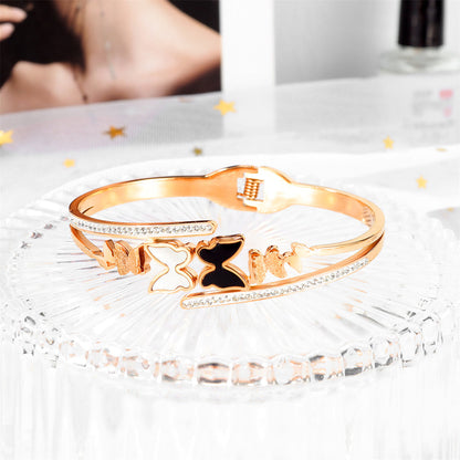 Clear Cubic Zirconia and White Shell Enamel Frosted Butterfly Bypass Bangle, bangle bracelet, botanical inspired, side view