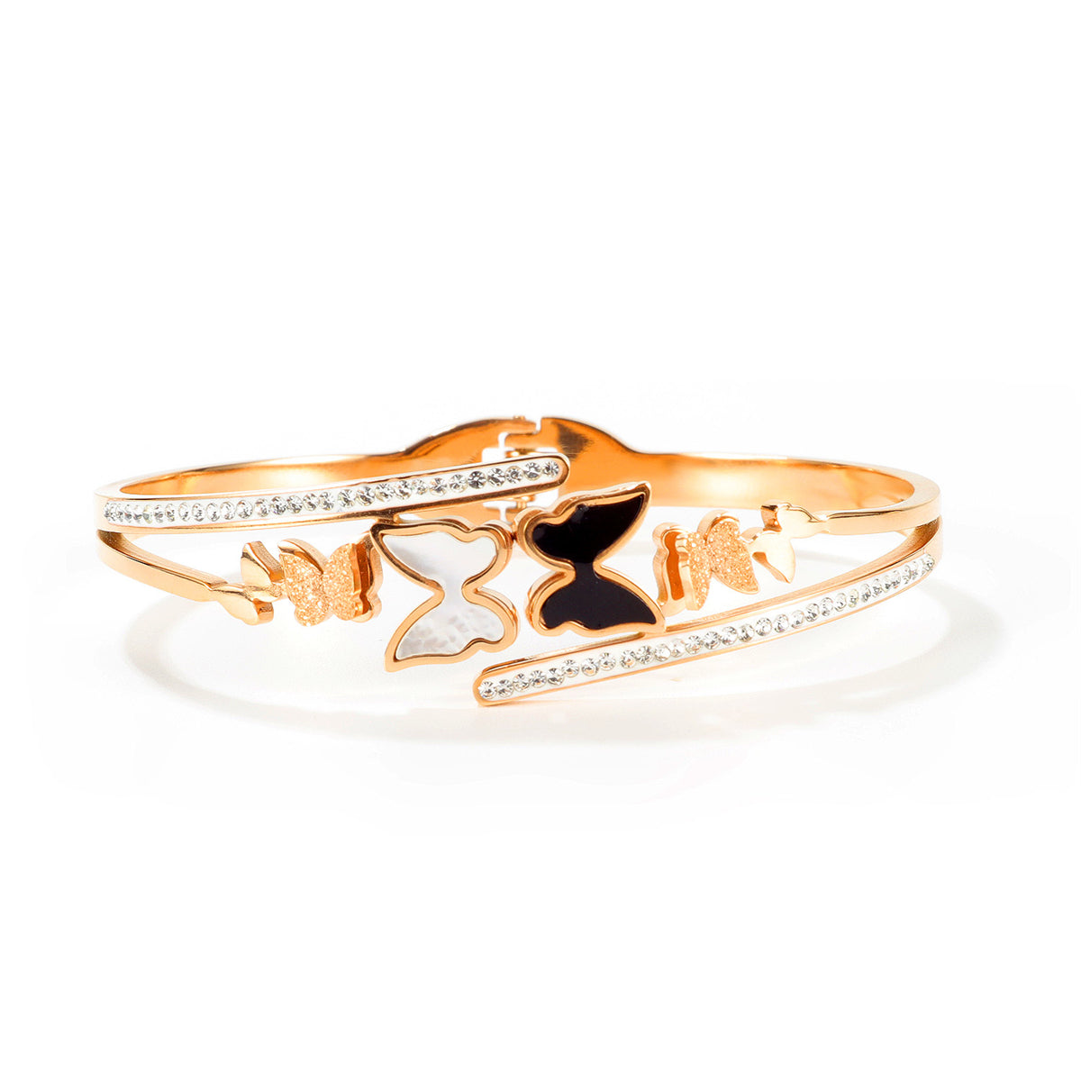 Clear Cubic Zirconia and White Shell Enamel Frosted Butterfly Bypass Bangle, bangle bracelet, detail close-up