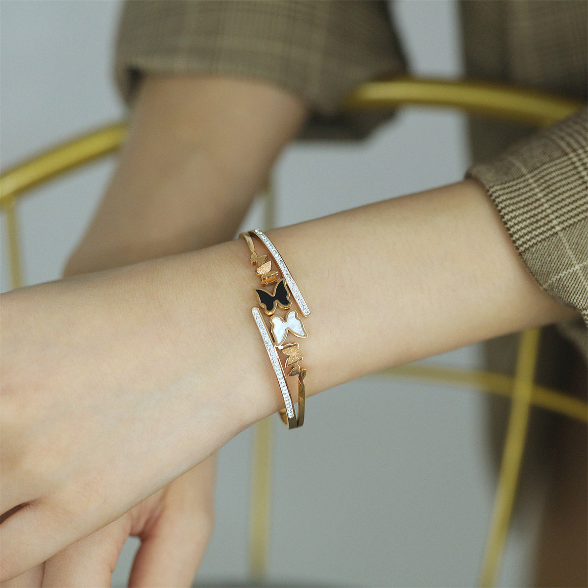 Clear Cubic Zirconia and White Shell Enamel Frosted Butterfly Bypass Bangle, bangle bracelet, lifestyle look