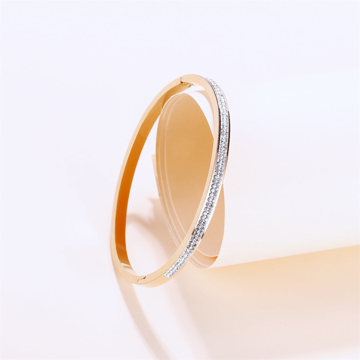 Clear Cubic Zirconia and 18K Rose Gold-Plated Hinged Bangle, rose gold bangle bracelet, vintage-inspired design, side view