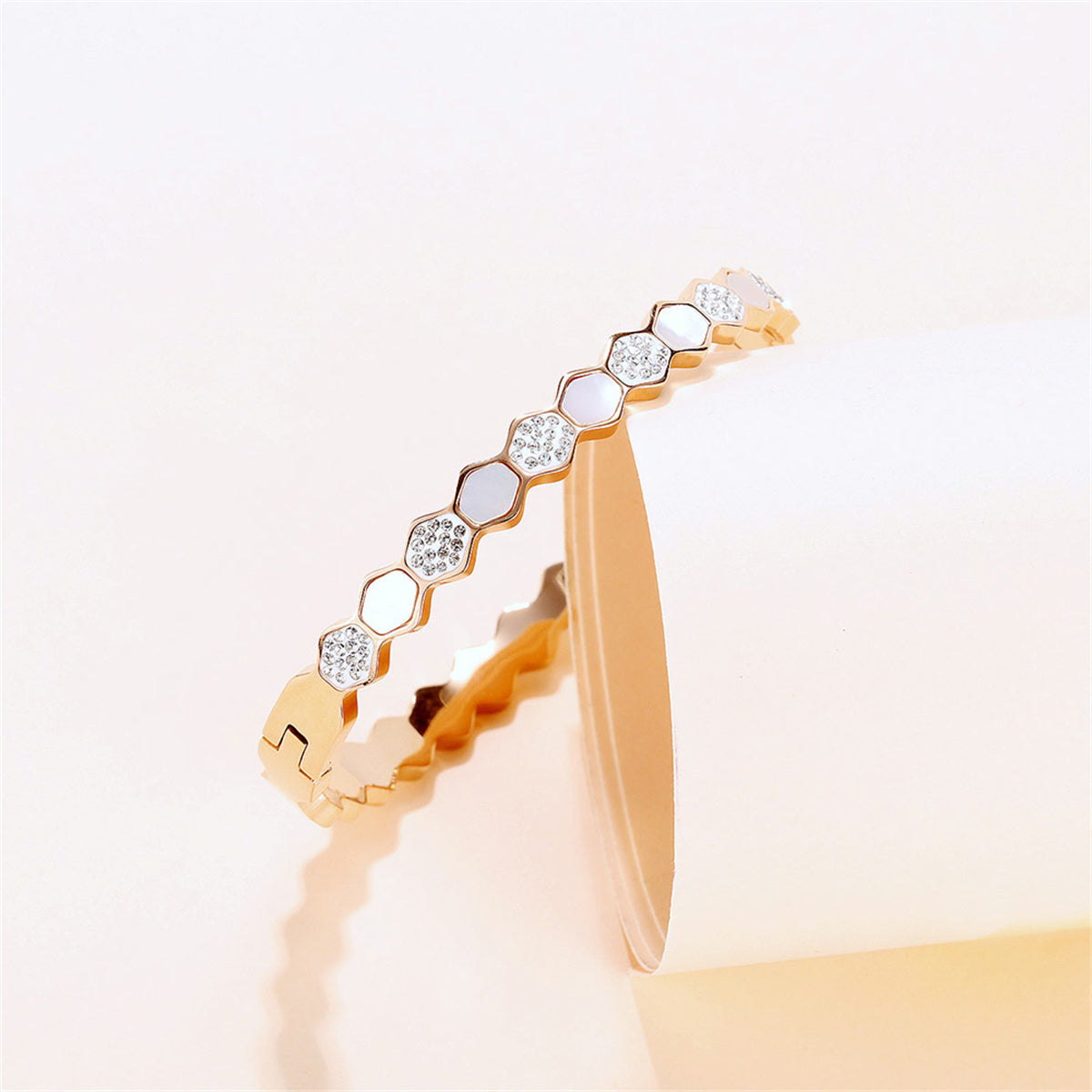 Cubic Zirconia & Shell 18K Rose Gold-Plated Hexagon Bangle