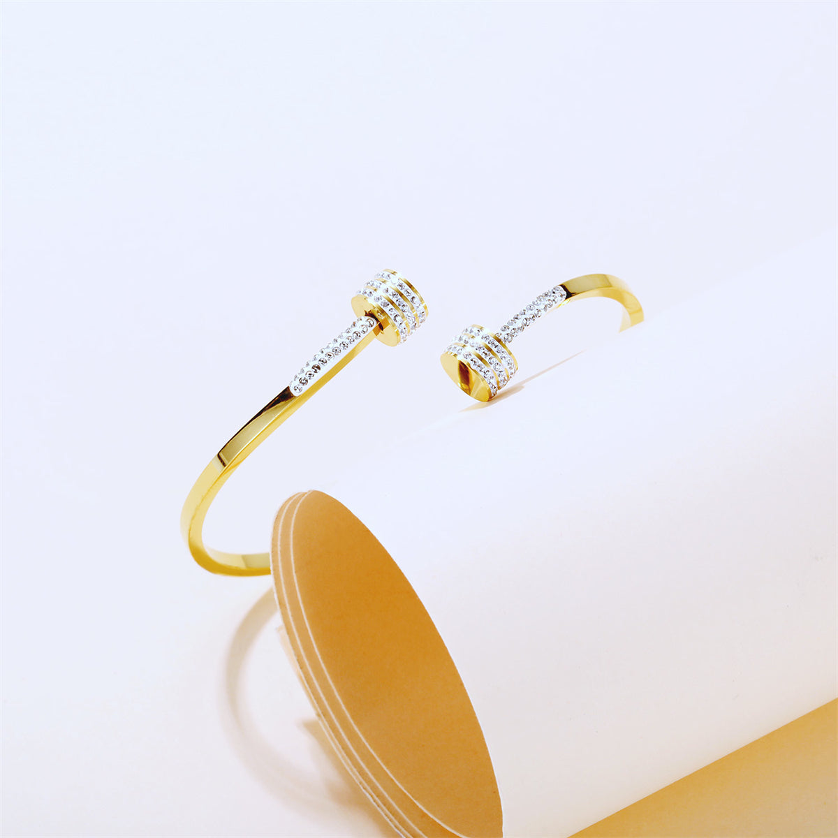 Cubic Zirconia and 18K Gold-Plated Coin Bypass Bangle, gold bangle bracelet, dainty minimalist design, side view