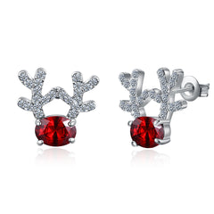 Red Crystal & Silver-Plated Antlers Stud Earrings