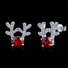 Red Crystal & Silver-Plated Antlers Stud Earrings