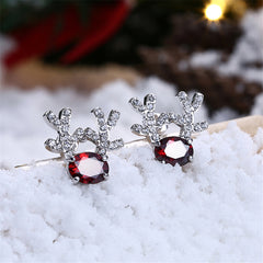 Red Crystal & Silver-Plated Antlers Stud Earrings