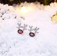 Red Crystal & Silver-Plated Antlers Stud Earrings