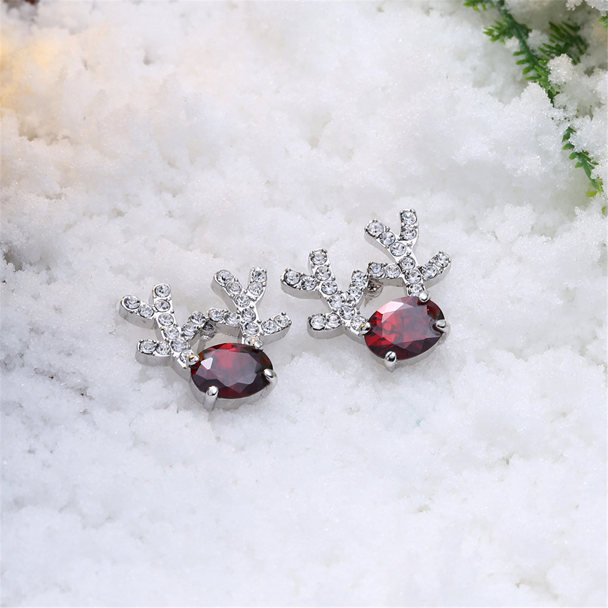 Red Crystal & Silver-Plated Antlers Stud Earrings