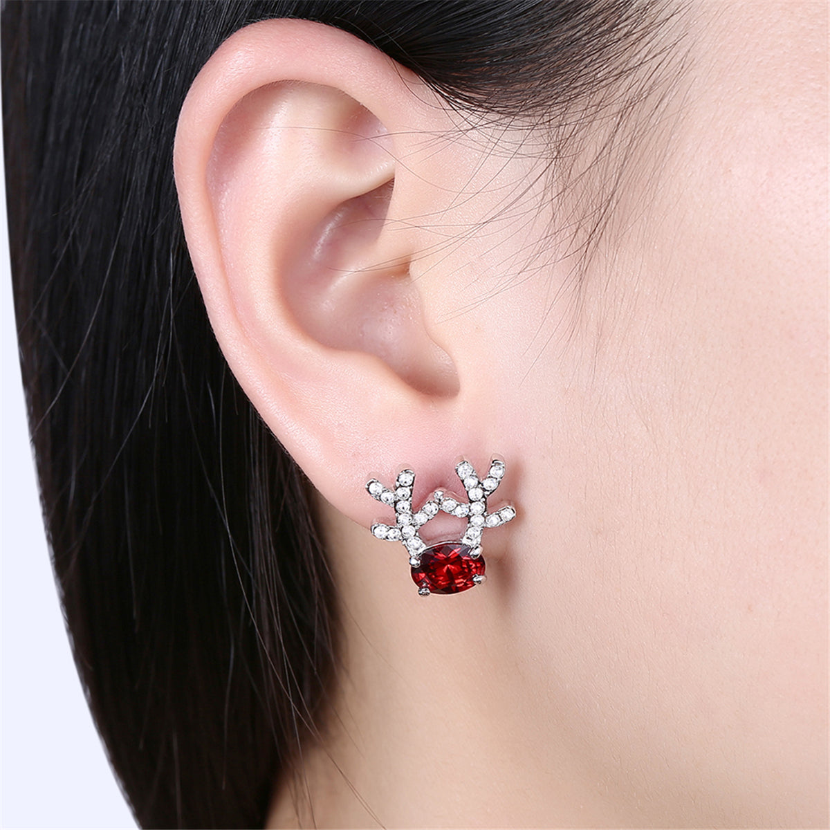 Red Crystal & Silver-Plated Antlers Stud Earrings