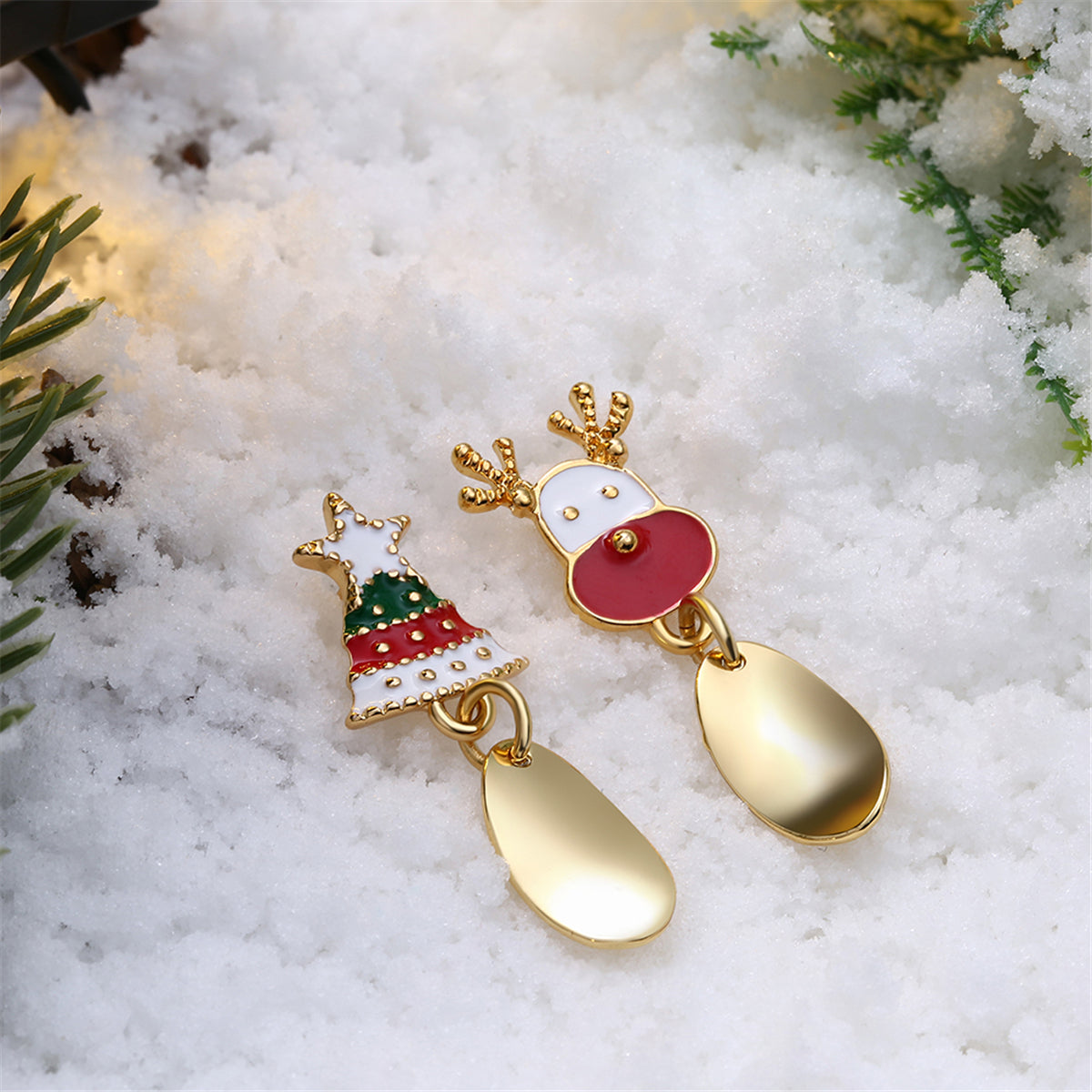 18K Gold-Plated Christmas Tree & Deer Drop Earrings