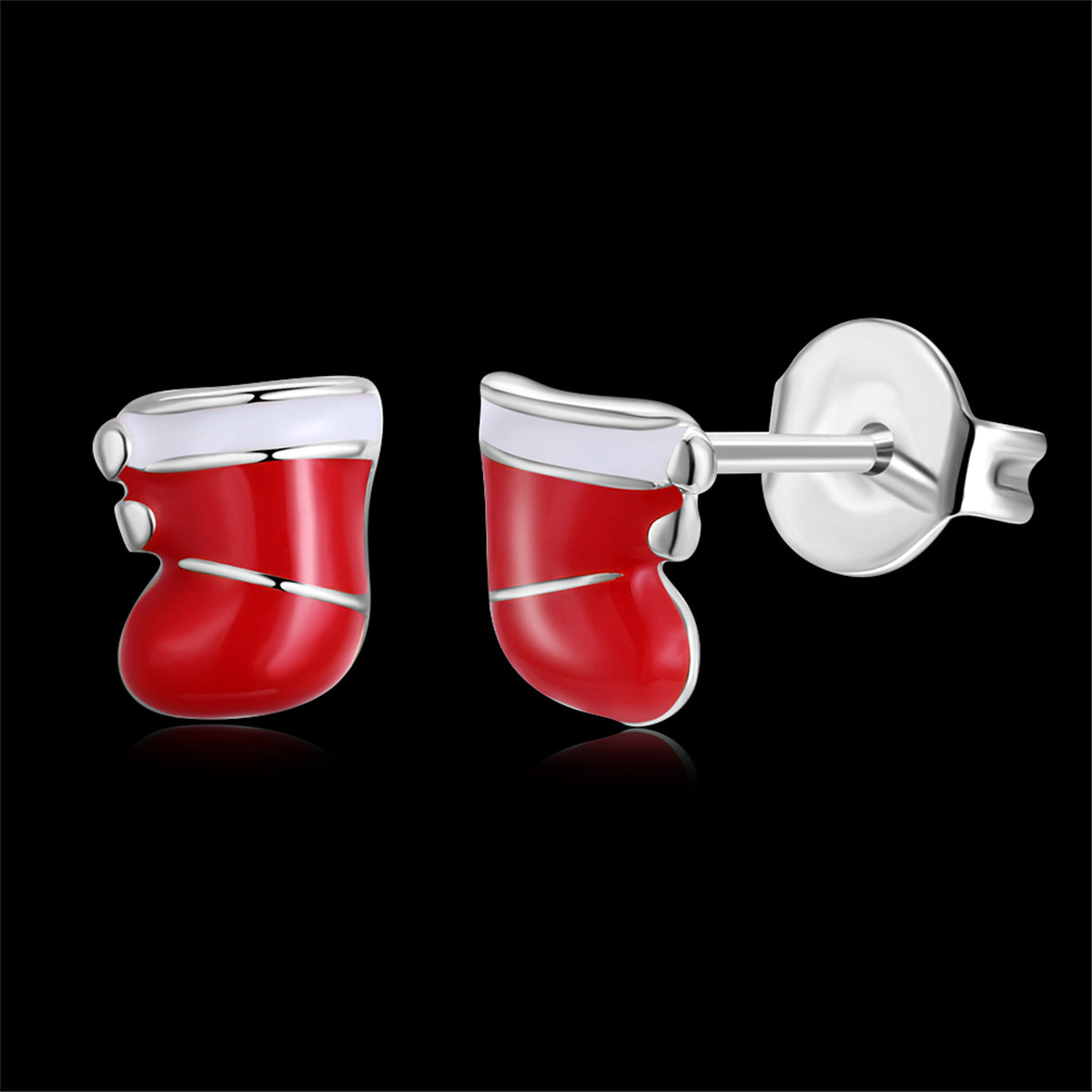 Red Enamel & Silver-Plated Christmas Stocking Stud Earrings