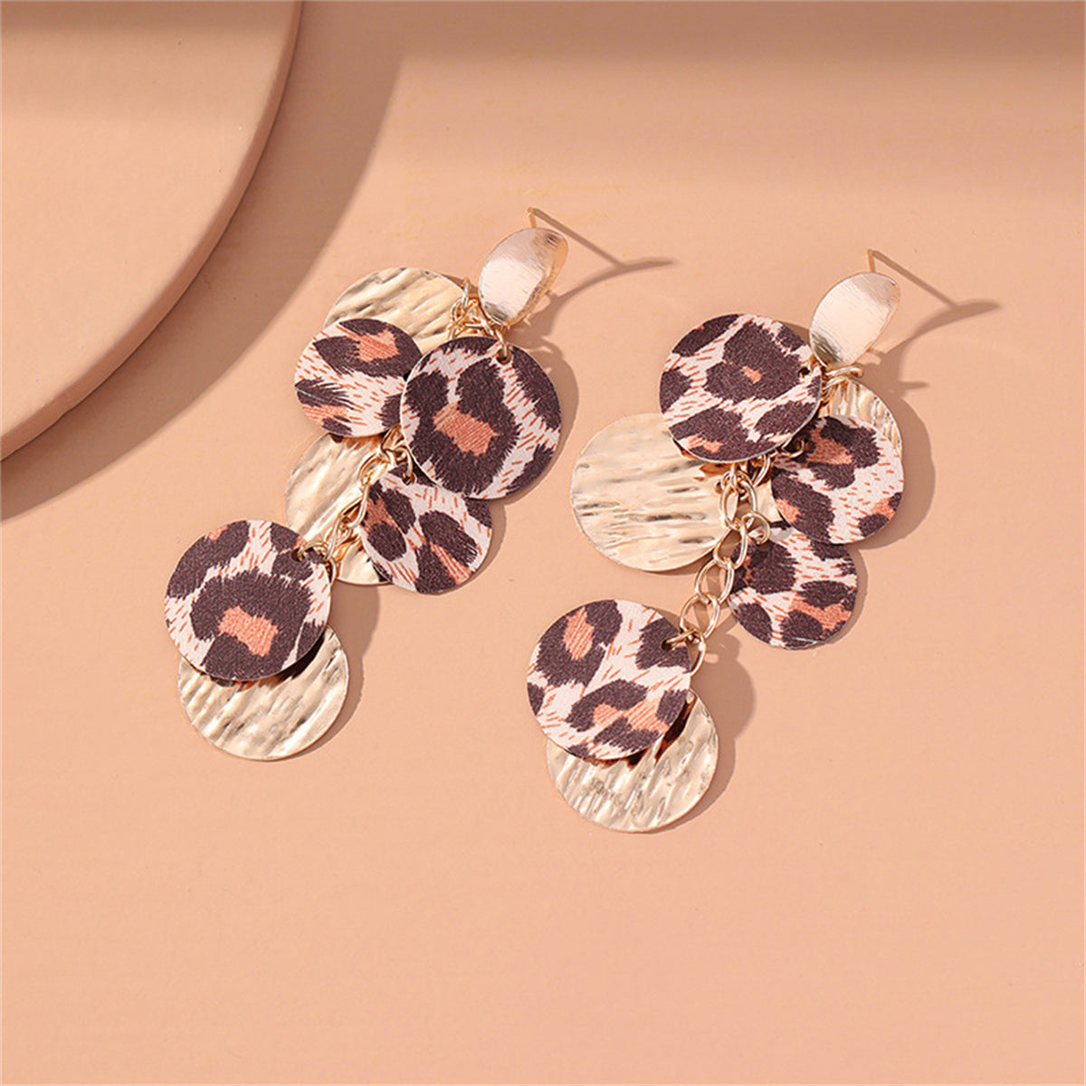 Polystyrene and 18K Gold-Plated Leopard Circle Cluster Drop Earrings, gold drop earrings for women, detail close-up