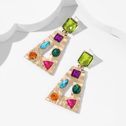 Colored Crystal and 18K Gold-Plated Rainbow Trapezoid Drop Earrings, gold drop earrings for women, side view