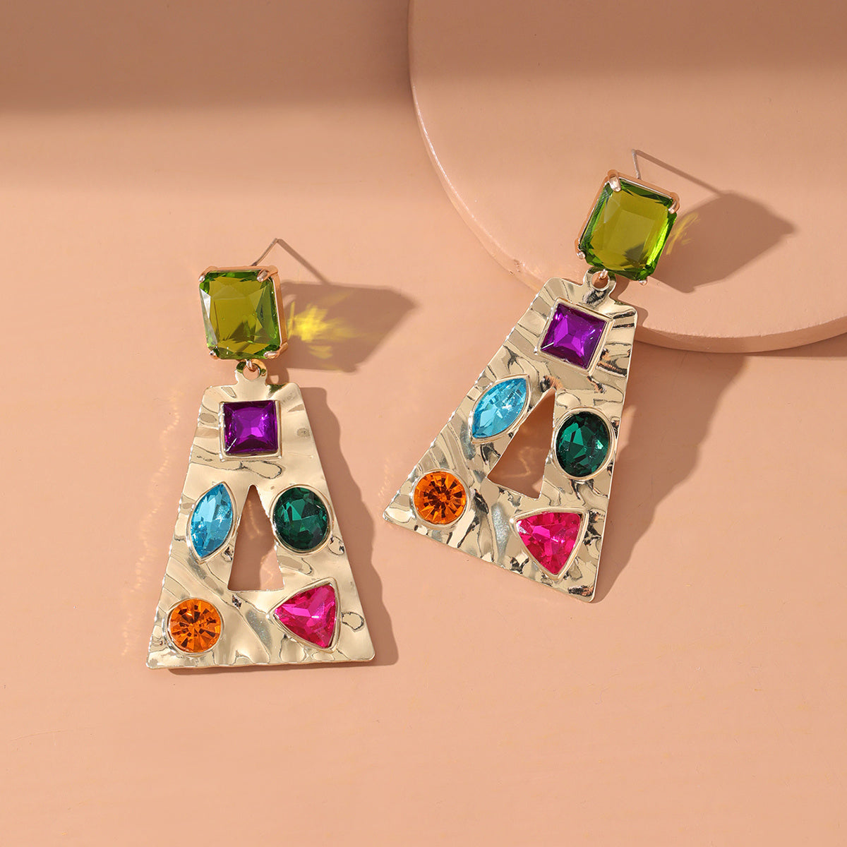 Colored Crystal and 18K Gold-Plated Rainbow Trapezoid Drop Earrings, gold drop earrings for women, detail close-up