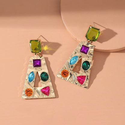 Colored Crystal and 18K Gold-Plated Rainbow Trapezoid Drop Earrings, gold drop earrings for women, detail close-up