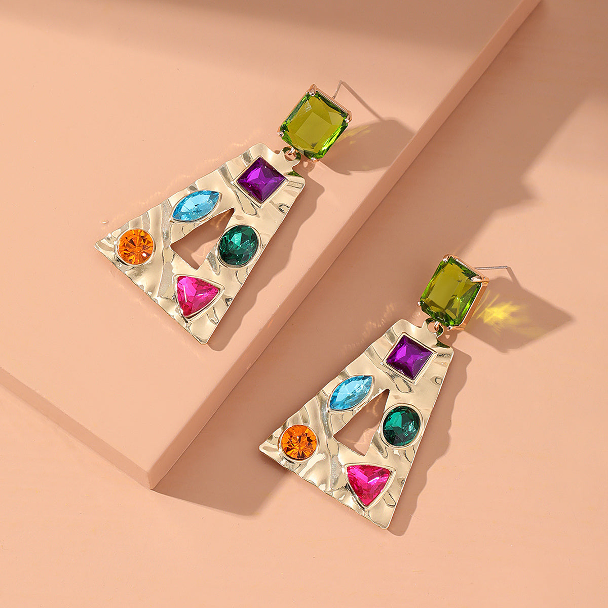 Colored Crystal and 18K Gold-Plated Rainbow Trapezoid Drop Earrings, gold drop earrings for women, lifestyle look