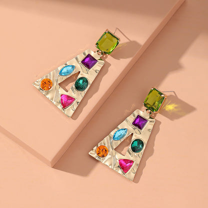 Colored Crystal and 18K Gold-Plated Rainbow Trapezoid Drop Earrings, gold drop earrings for women, lifestyle look