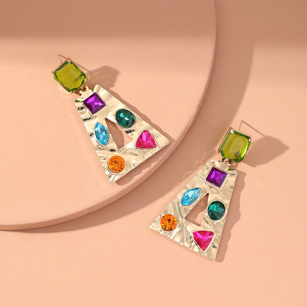 Colored Crystal and 18K Gold-Plated Rainbow Trapezoid Drop Earrings, gold drop earrings for women, styled look