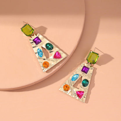 Colored Crystal and 18K Gold-Plated Rainbow Trapezoid Drop Earrings, gold drop earrings for women, styled look