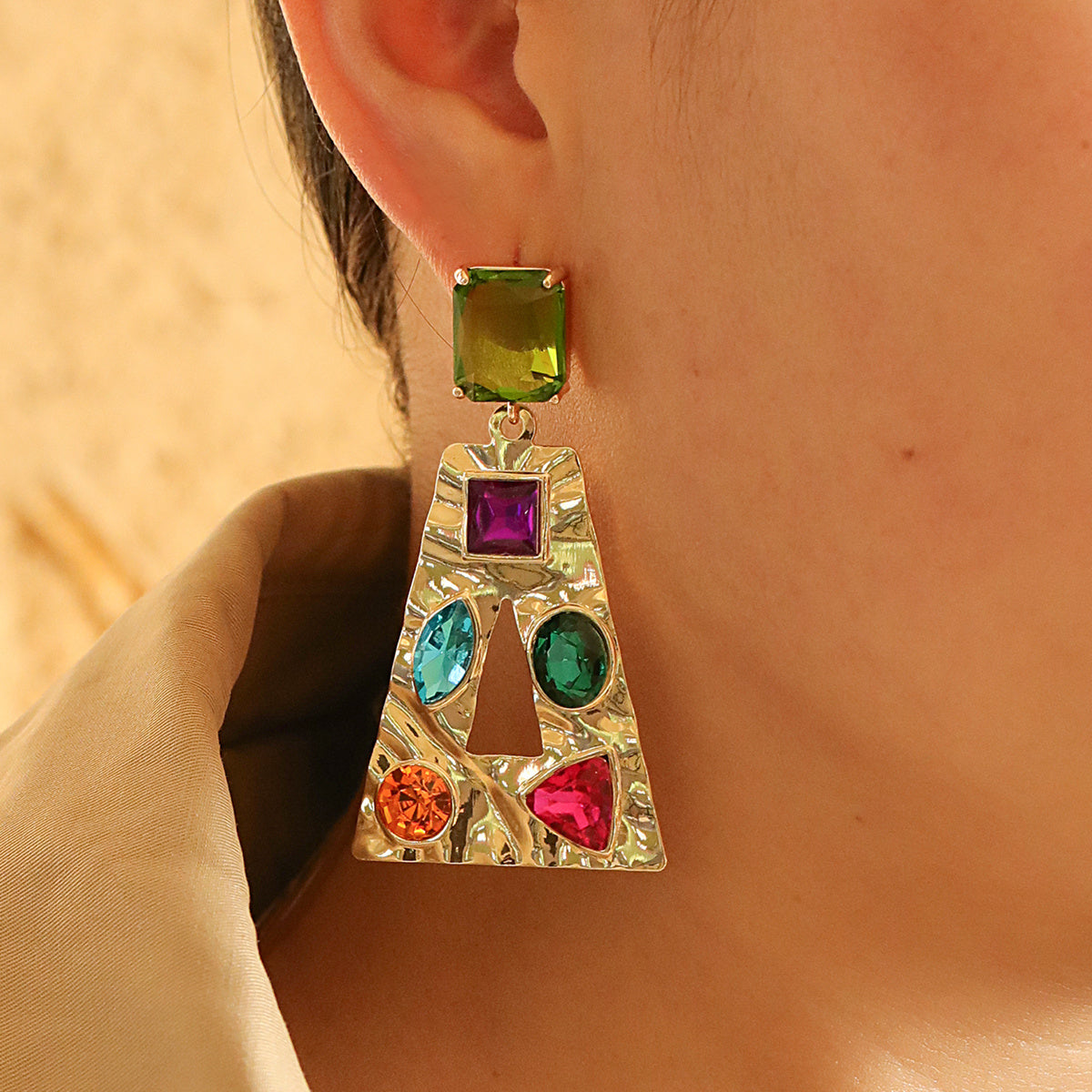 Colored Crystal and 18K Gold-Plated Rainbow Trapezoid Drop Earrings, gold drop earrings for women, front view