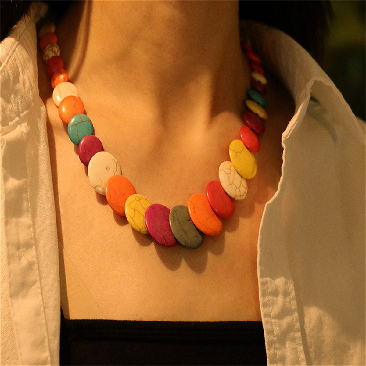 Multicolor Turquoise and Silver-Plated Necklace, silver pendant necklace for women, dainty minimalist design, front view