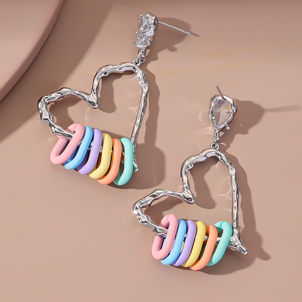 Crystal & Acrylic Silver-Plated Rainbow Heart Hoop Earrings