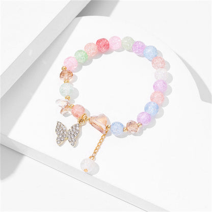 Multicolor Acrylic and 18K Gold-Plated Heart and Butterfly Beaded Stretch Bracelet, gold bracelet for women, front view