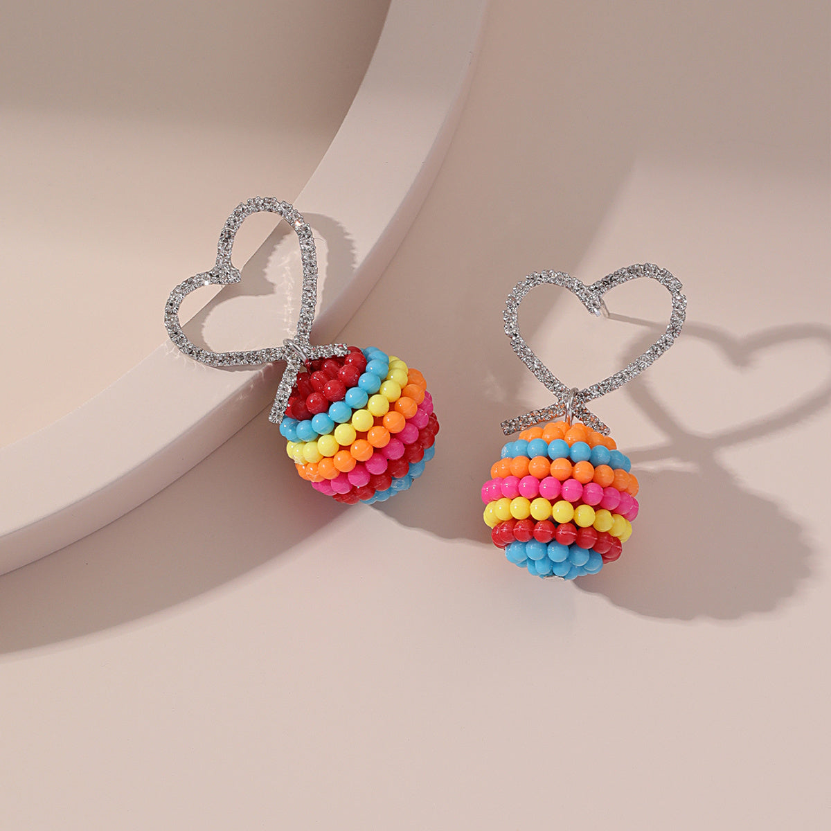 Red and Teal Rainbow Heart Ball Drop Earrings, drop earrings for women, elegant gift for her, front view