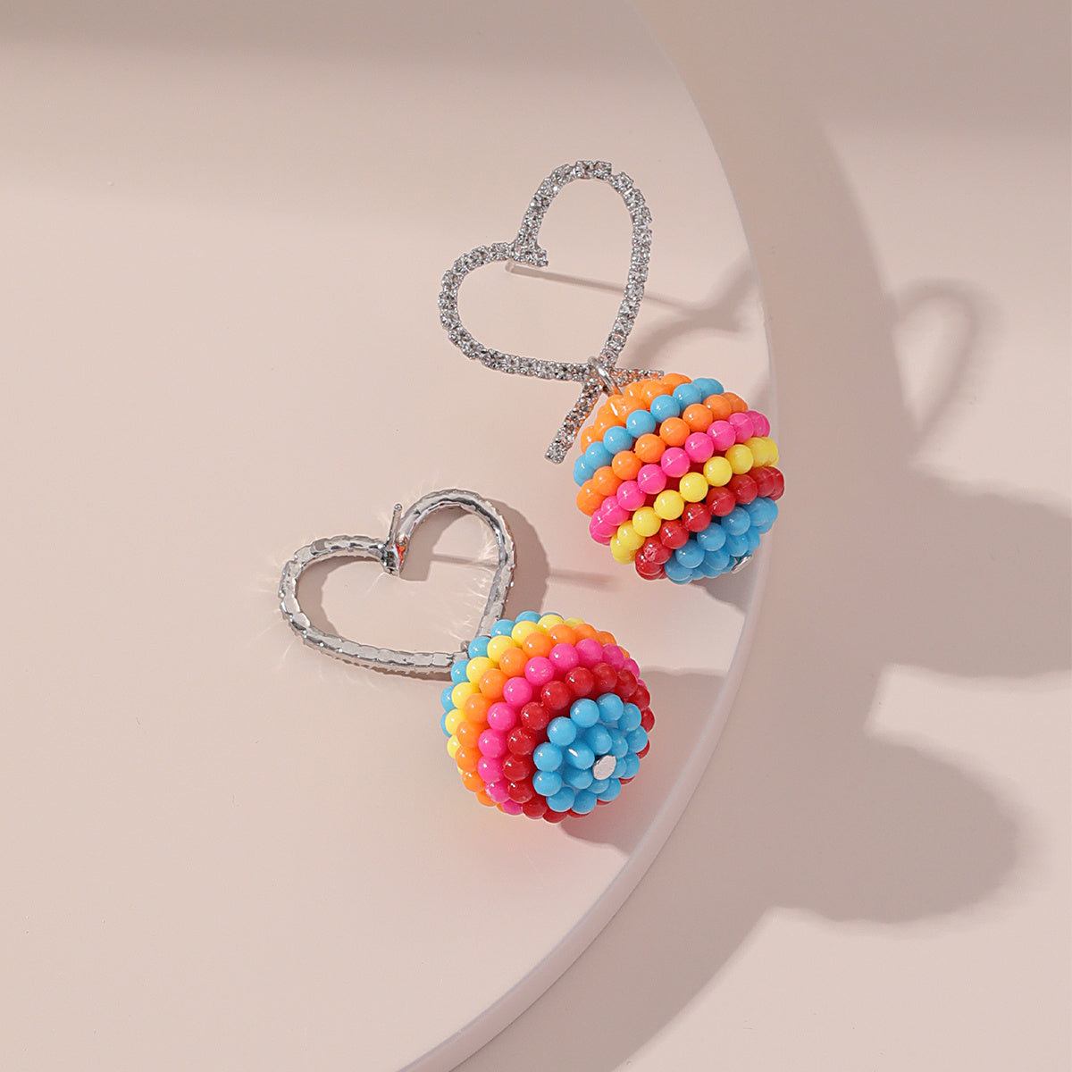 Red and Teal Rainbow Heart Ball Drop Earrings, drop earrings for women, elegant gift for her, side view