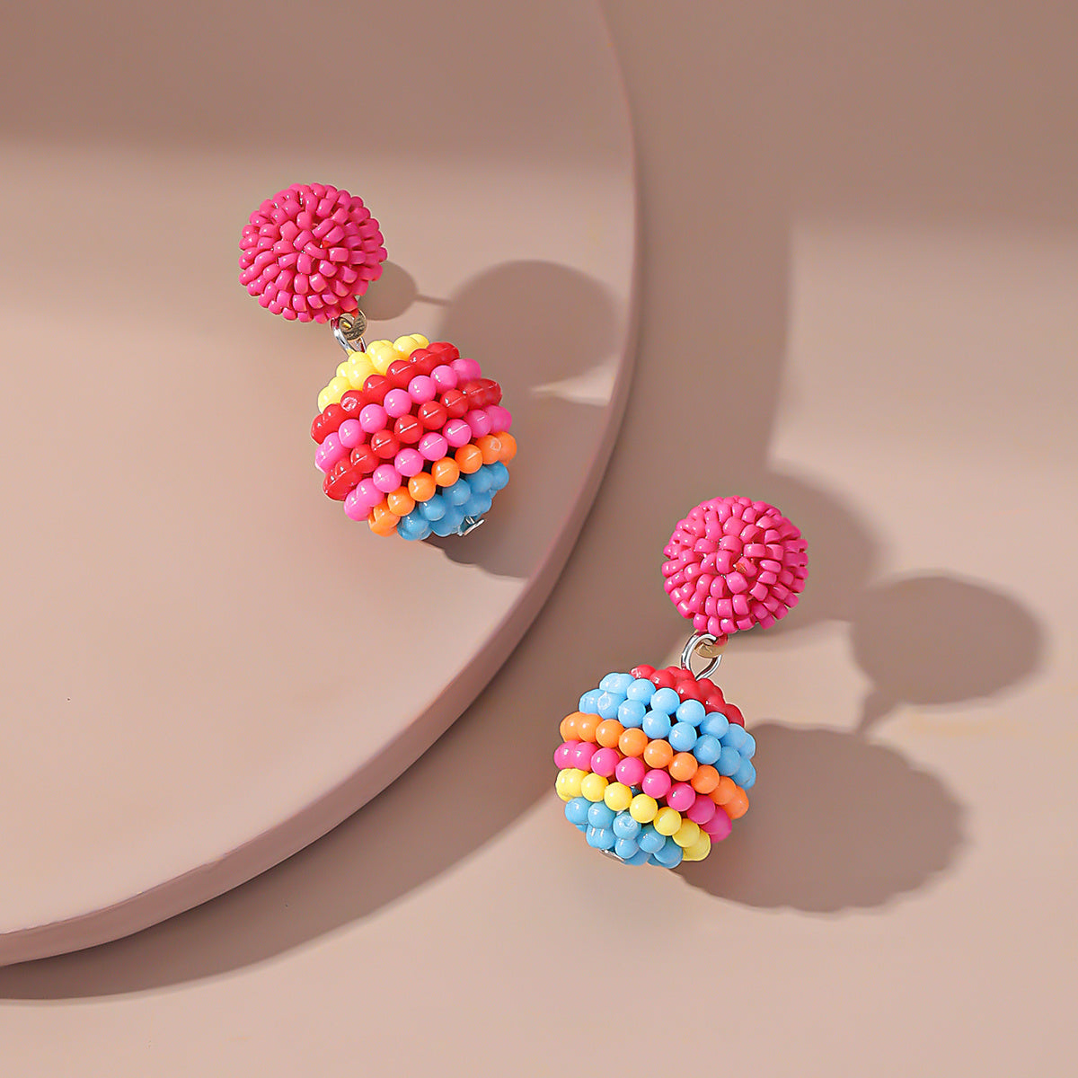 Rose Red and Multicolor Ball Drop Earrings, drop earrings for women, botanical inspired, front view