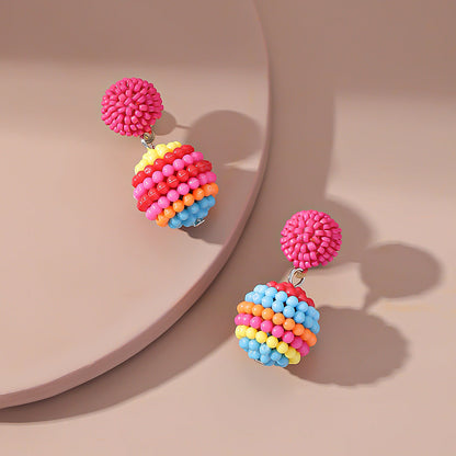 Rose Red and Multicolor Ball Drop Earrings, drop earrings for women, botanical inspired, front view