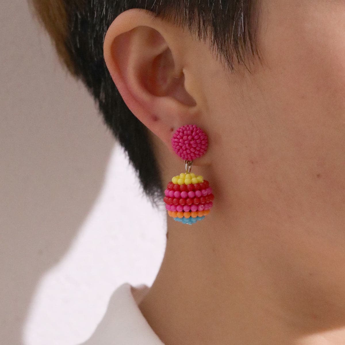 Rose Red and Multicolor Ball Drop Earrings, drop earrings for women, botanical inspired, side view