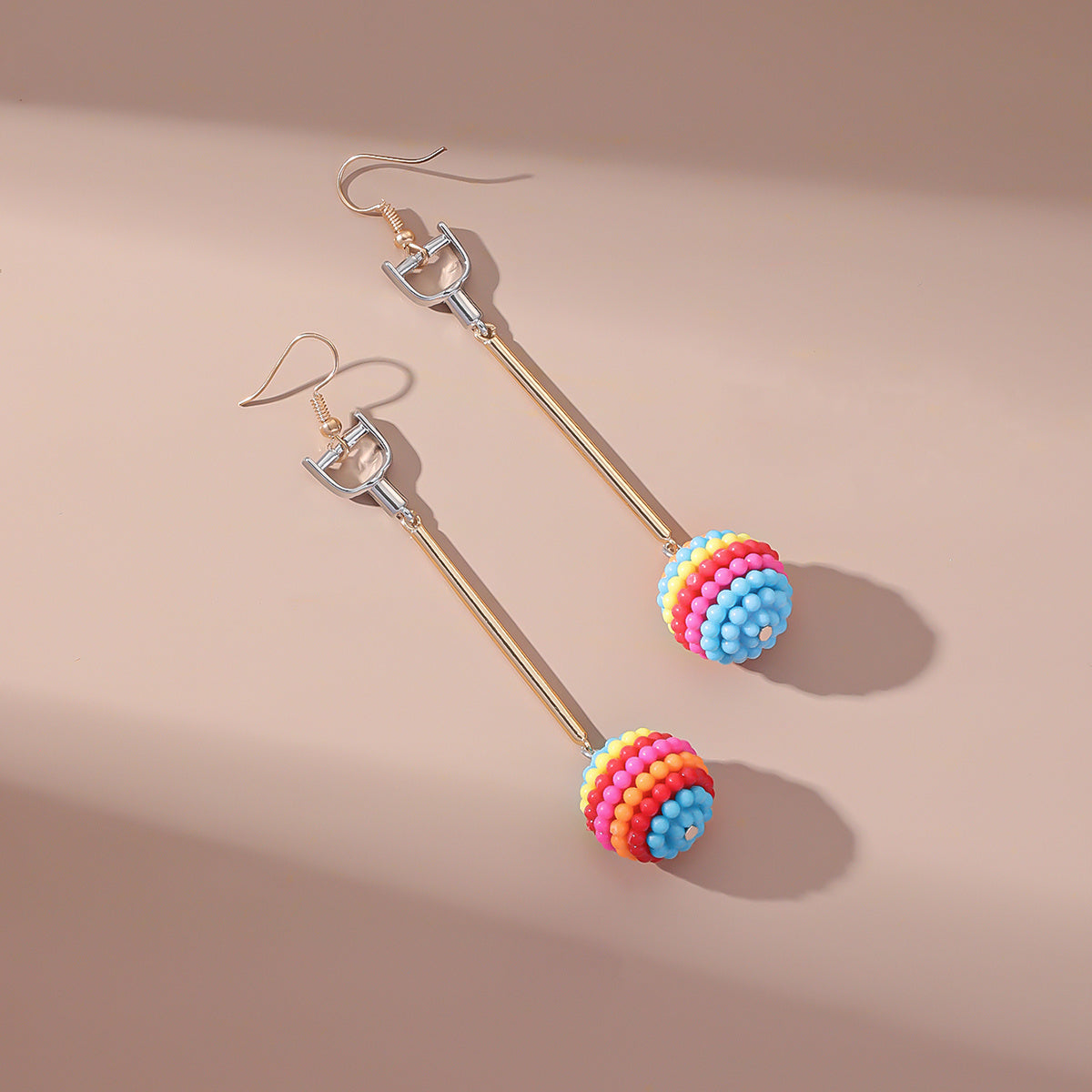 Rose Red and Multicolor Ball Rod Drop Earrings, drop earrings for women, vintage-inspired design, front view