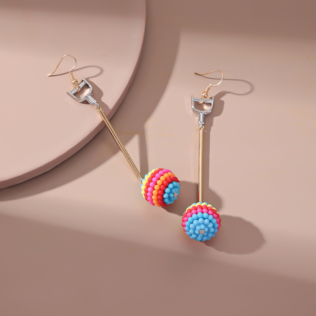 Rose Red and Multicolor Ball Rod Drop Earrings, drop earrings for women, vintage-inspired design, detail close-up